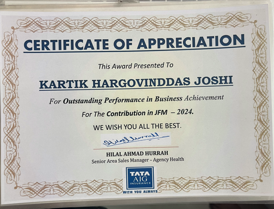 Certificate of Appreciation received from TATA AIG Insurance for outstanding performance in Health Insurance Business 2024